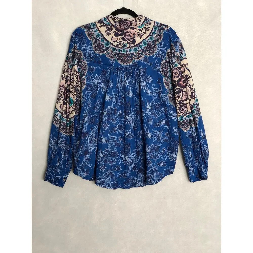 Free People Button-Up Top Floral Lightweight Blue Motif Women's Medium NEW